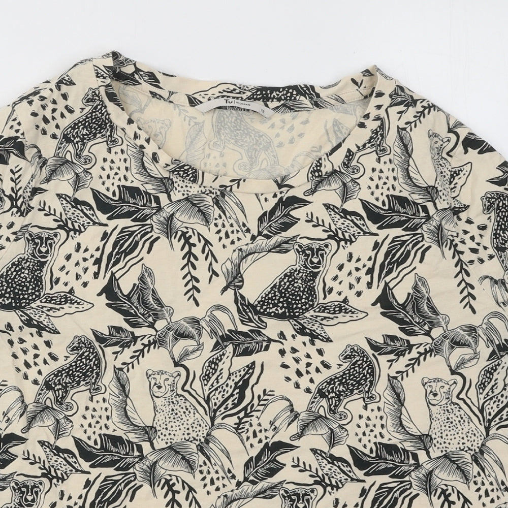 TU Womens Beige Geometric Cotton Basic T-Shirt Size 12 Round Neck - Jaguar Leaf Print