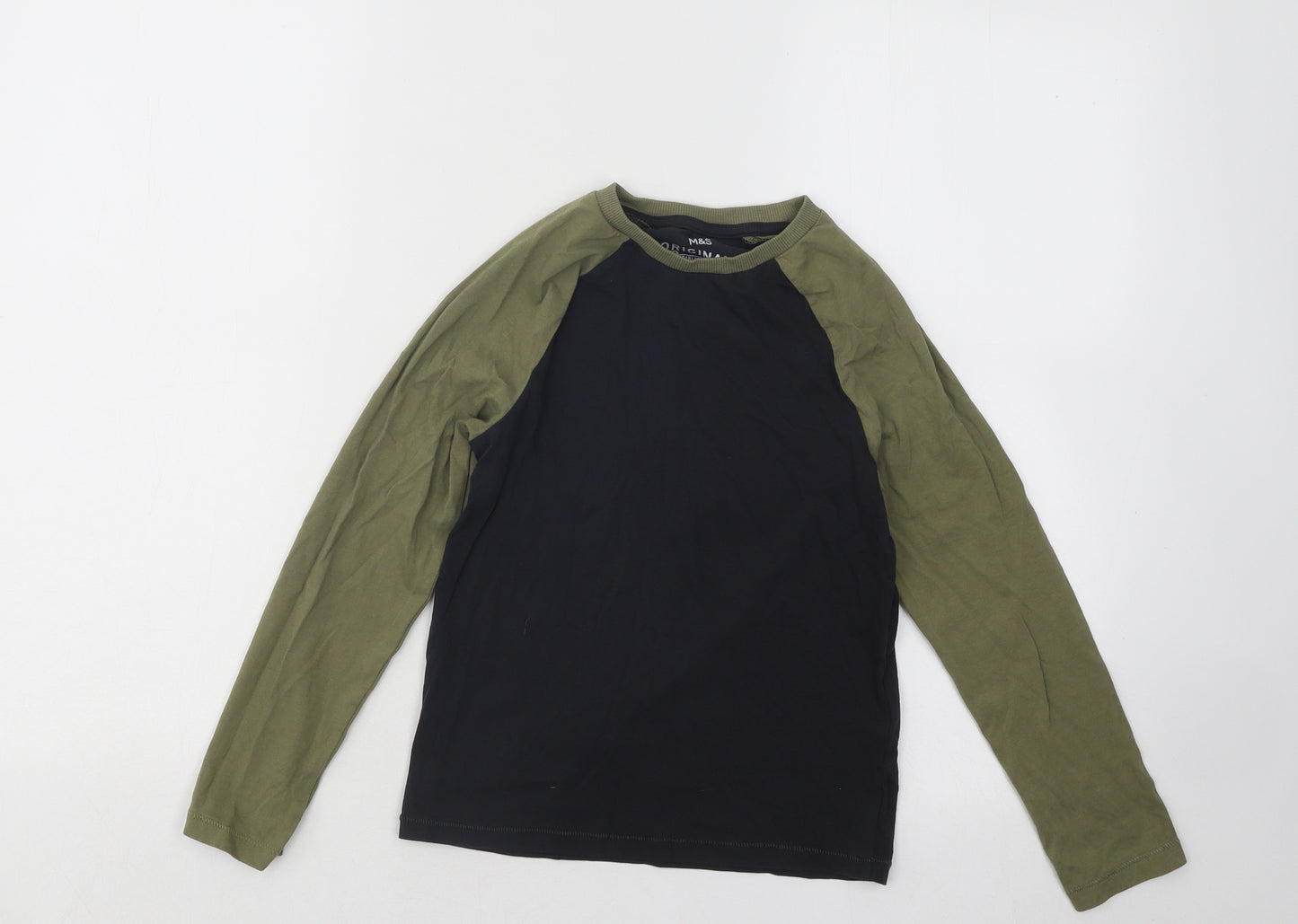 Marks and Spencer Boys Black Colourblock Cotton Basic T-Shirt Size 7-8 Years Round Neck Pullover