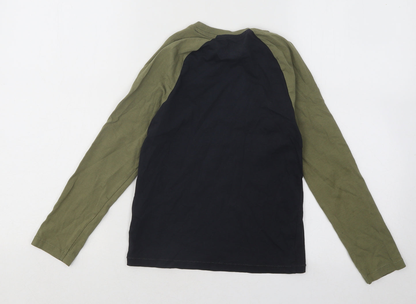 Marks and Spencer Boys Black Colourblock Cotton Basic T-Shirt Size 7-8 Years Round Neck Pullover