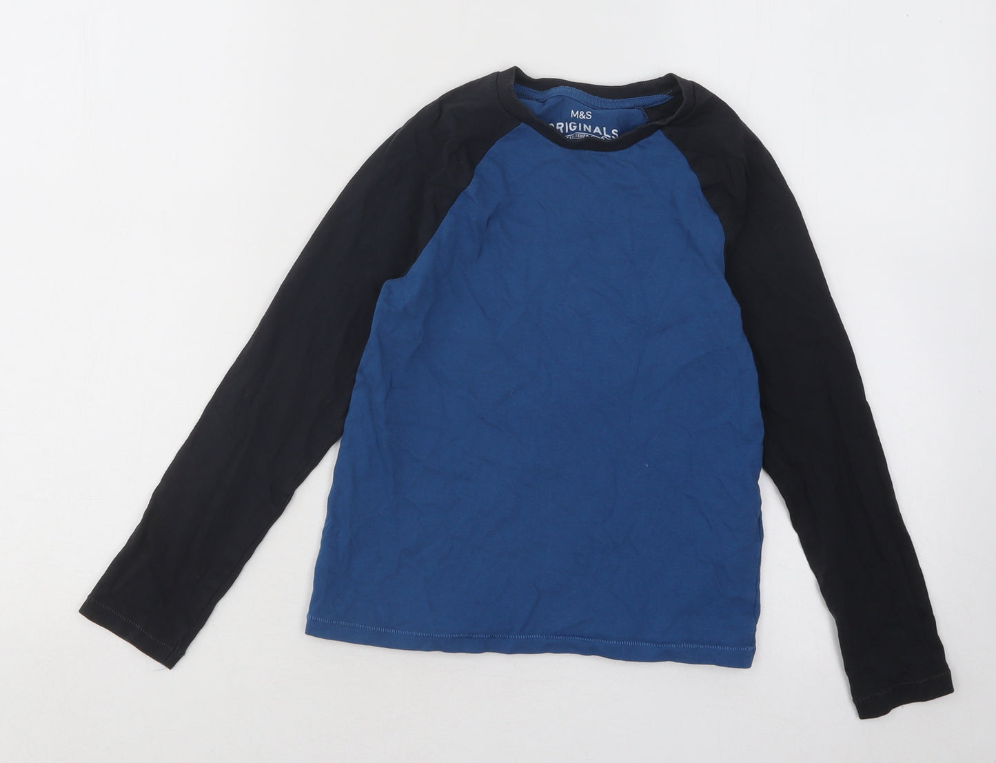 Marks and Spencer Boys Blue Colourblock Cotton Basic T-Shirt Size 7-8 Years Round Neck Pullover