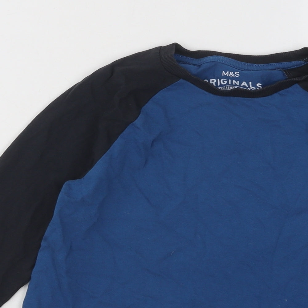 Marks and Spencer Boys Blue Colourblock Cotton Basic T-Shirt Size 7-8 Years Round Neck Pullover