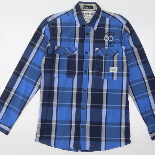 JACK & JONES Mens Blue Plaid Cotton Button-Up Size S Collared Button