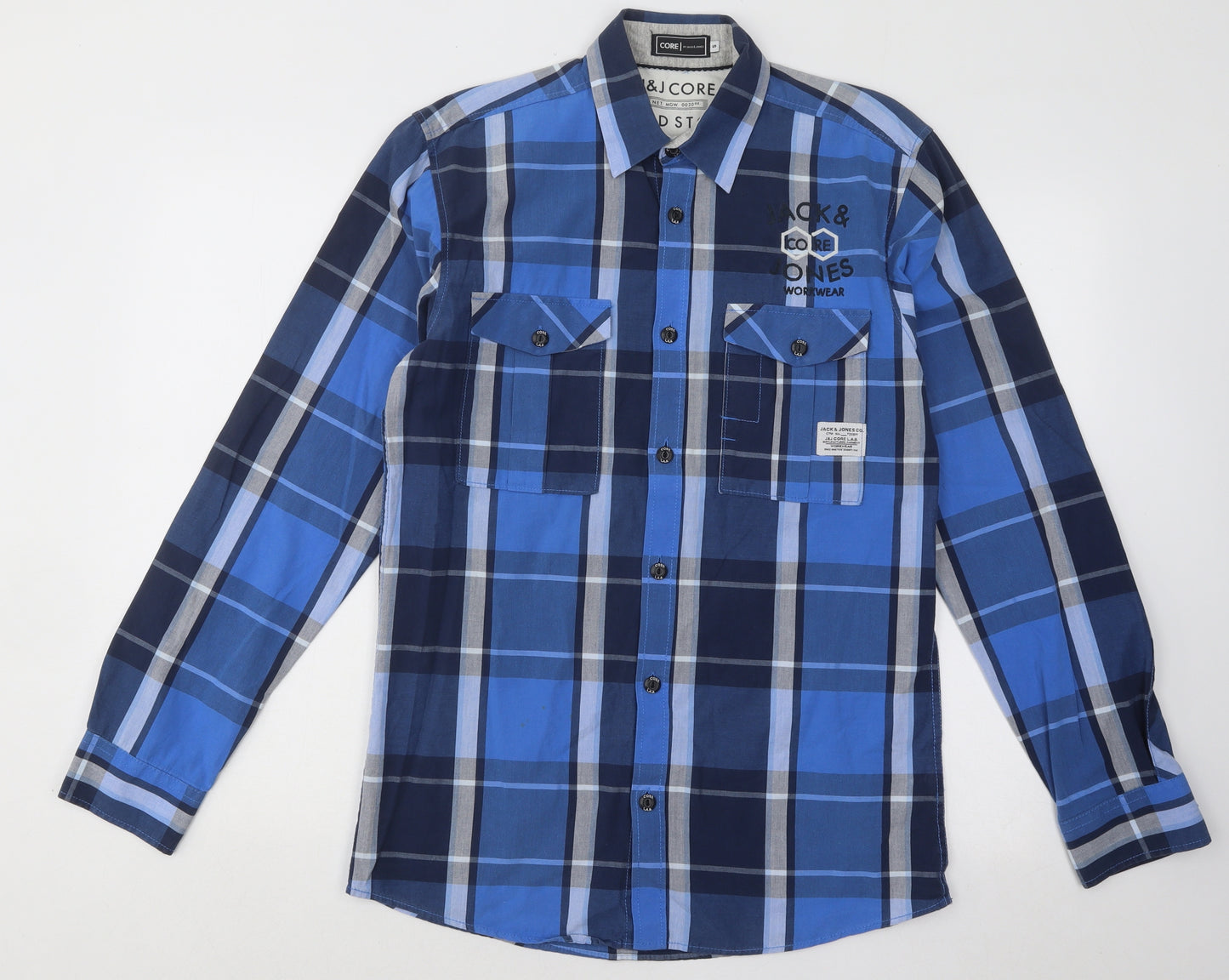 JACK & JONES Mens Blue Plaid Cotton Button-Up Size S Collared Button