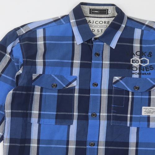 JACK & JONES Mens Blue Plaid Cotton Button-Up Size S Collared Button