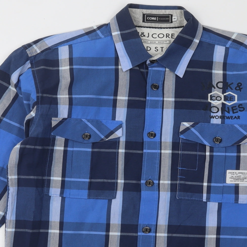 JACK & JONES Mens Blue Plaid Cotton Button-Up Size S Collared Button