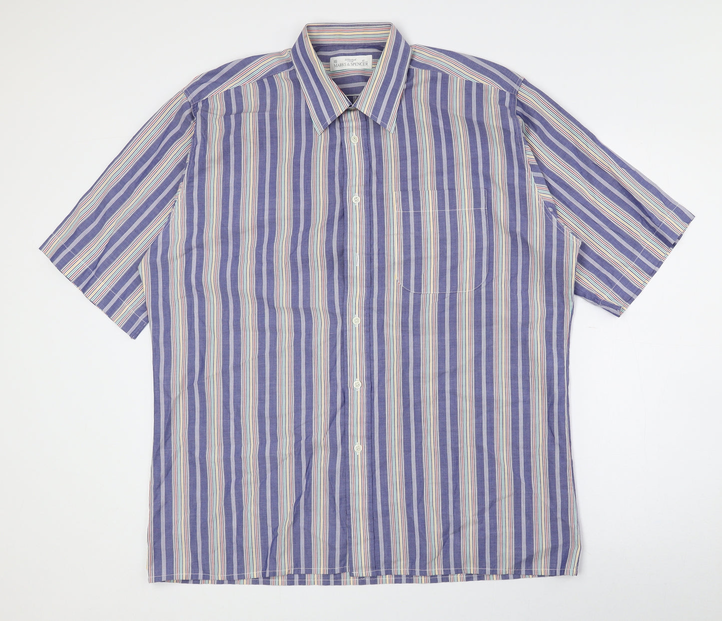 Marks and Spencer Mens Multicoloured Striped Cotton Button-Up Size 41 Collared Button - 41cm, 16