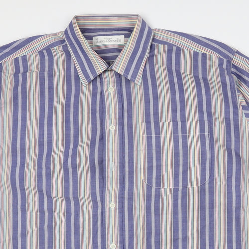 Marks and Spencer Mens Multicoloured Striped Cotton Button-Up Size 41 Collared Button - 41cm, 16