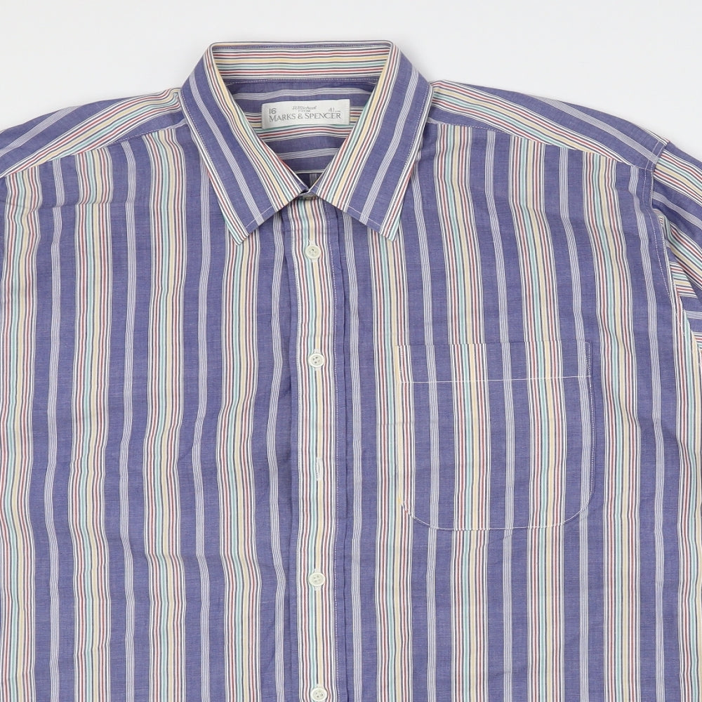 Marks and Spencer Mens Multicoloured Striped Cotton Button-Up Size 41 Collared Button - 41cm, 16