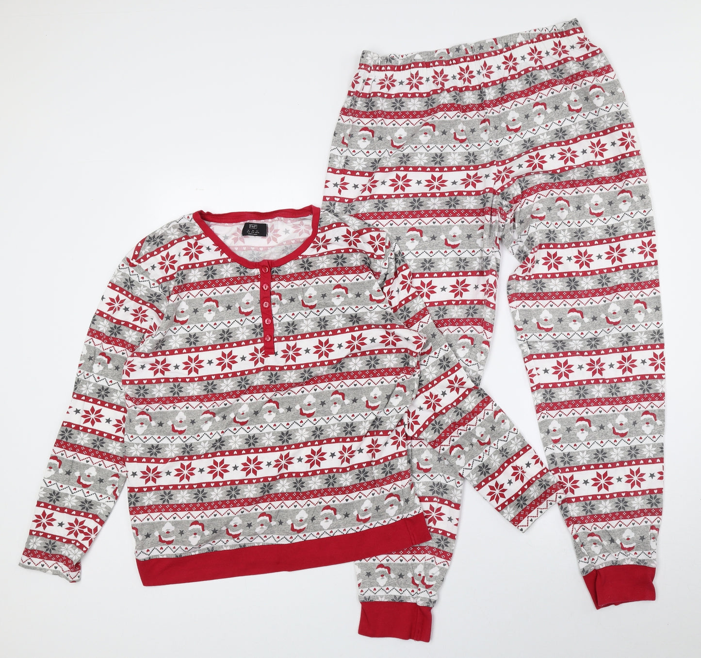 F&F Womens Multicoloured Geometric Cotton Top Pyjama Set Size 12 Button - Size 12-14, Christmas
