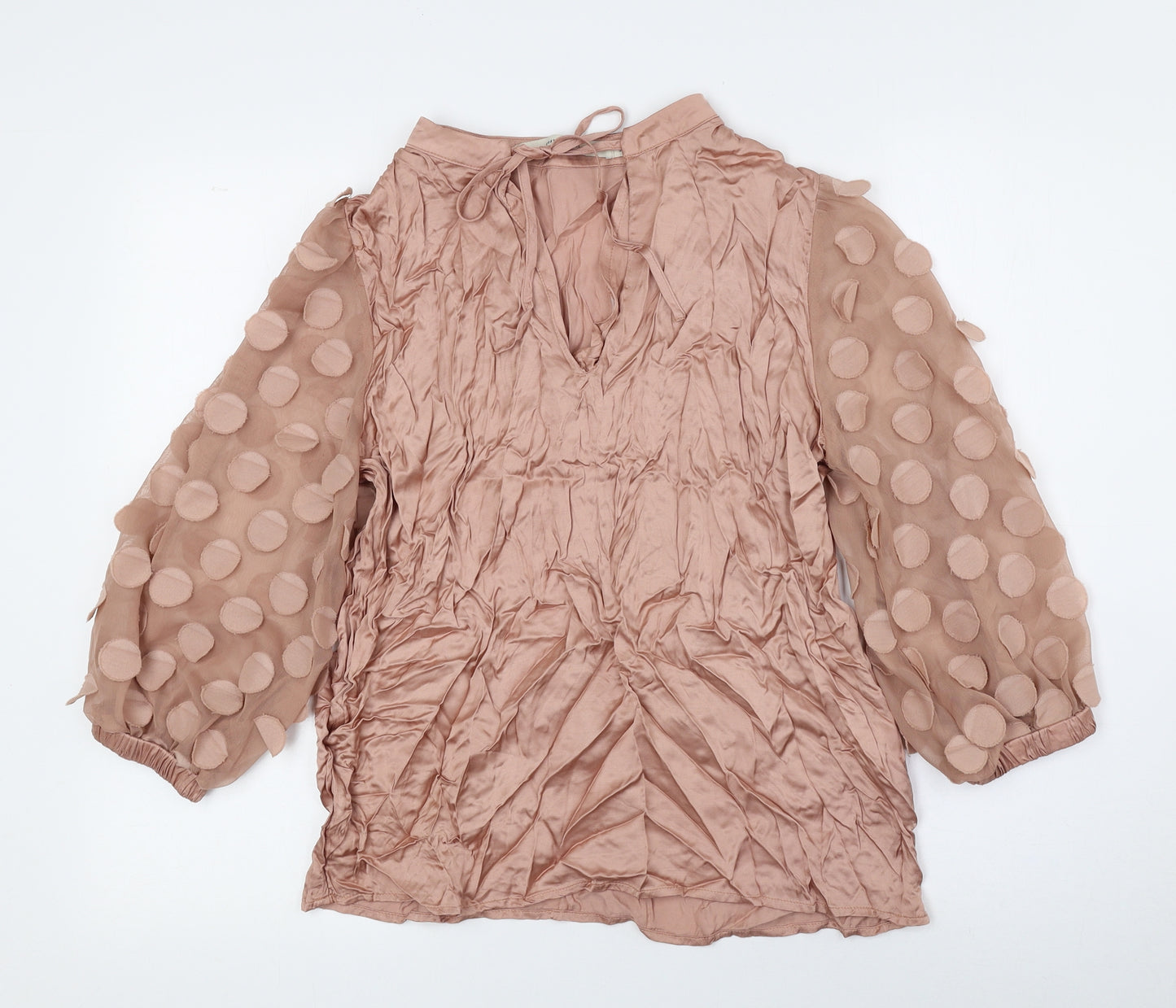 COSTA8MANI Womens Pink Polka Dot Polyester Basic Blouse Size S V-Neck - Mesh arms