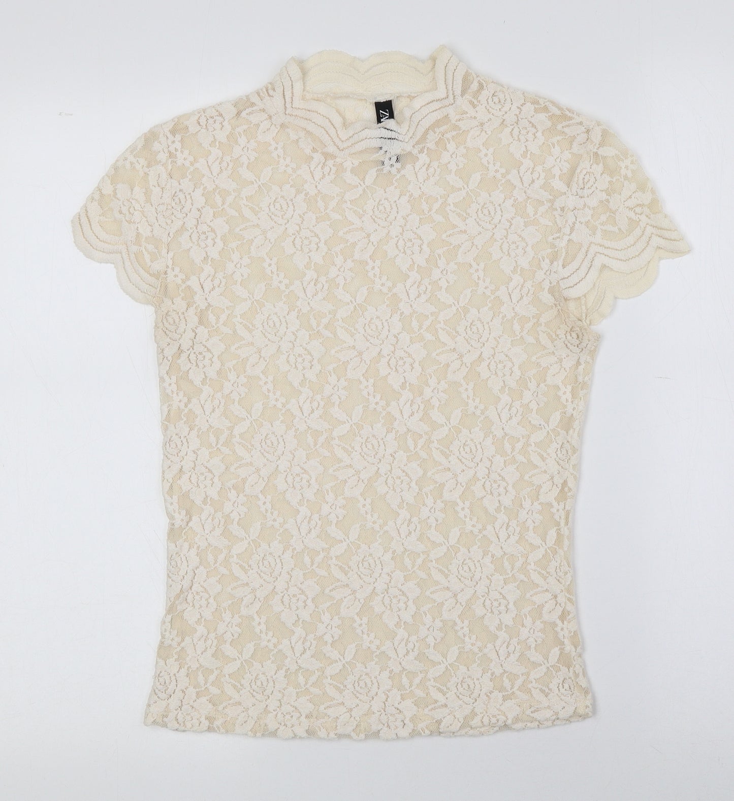 Zara Womens Beige Floral Polyester Basic T-Shirt Size M High Neck