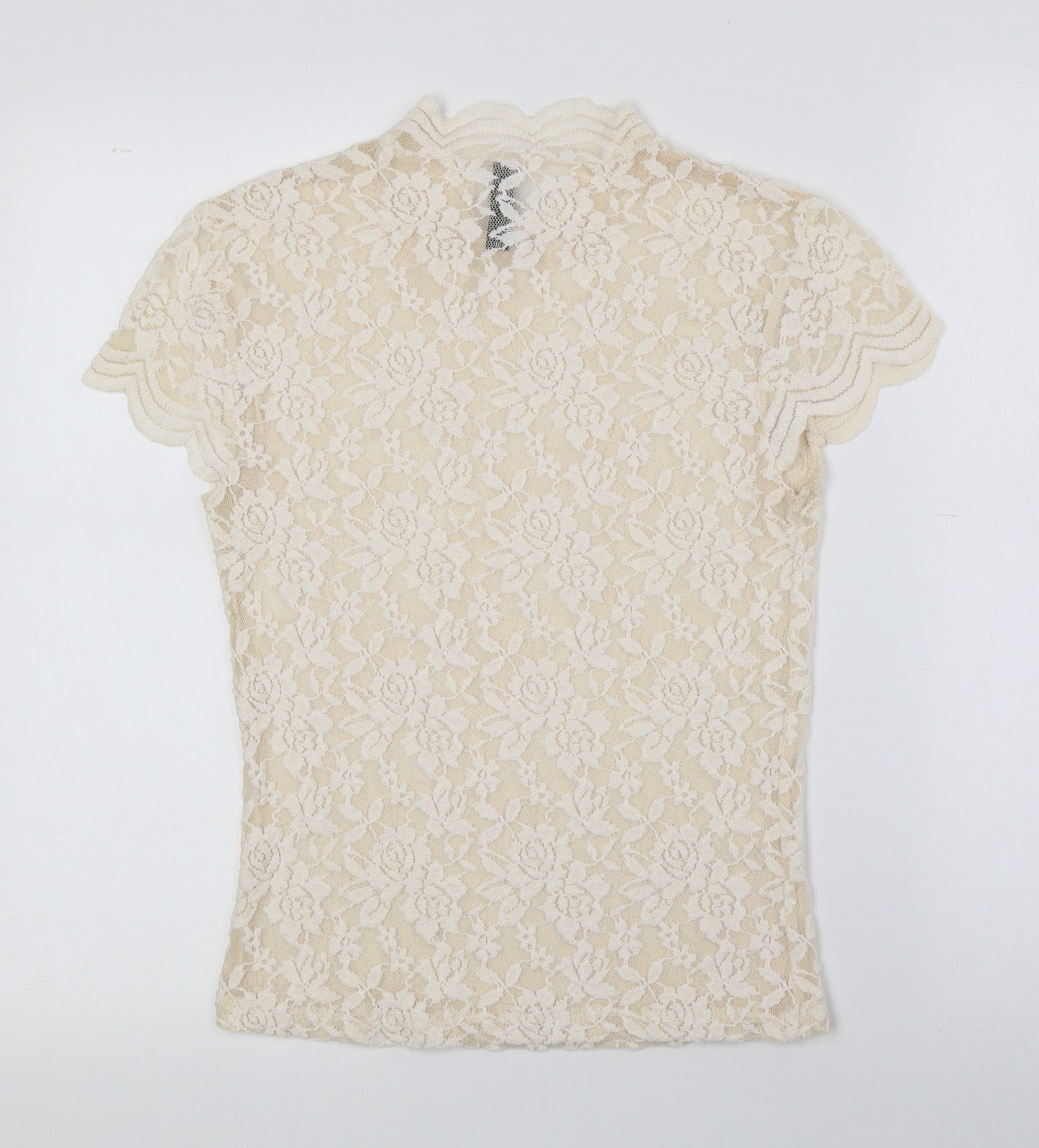 Zara Womens Beige Floral Polyester Basic T-Shirt Size M High Neck