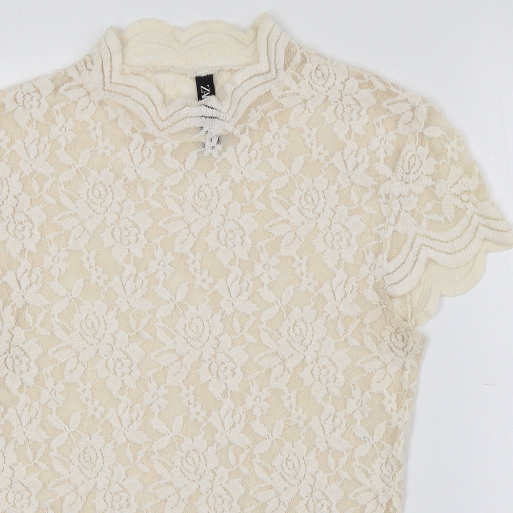 Zara Womens Beige Floral Polyester Basic T-Shirt Size M High Neck