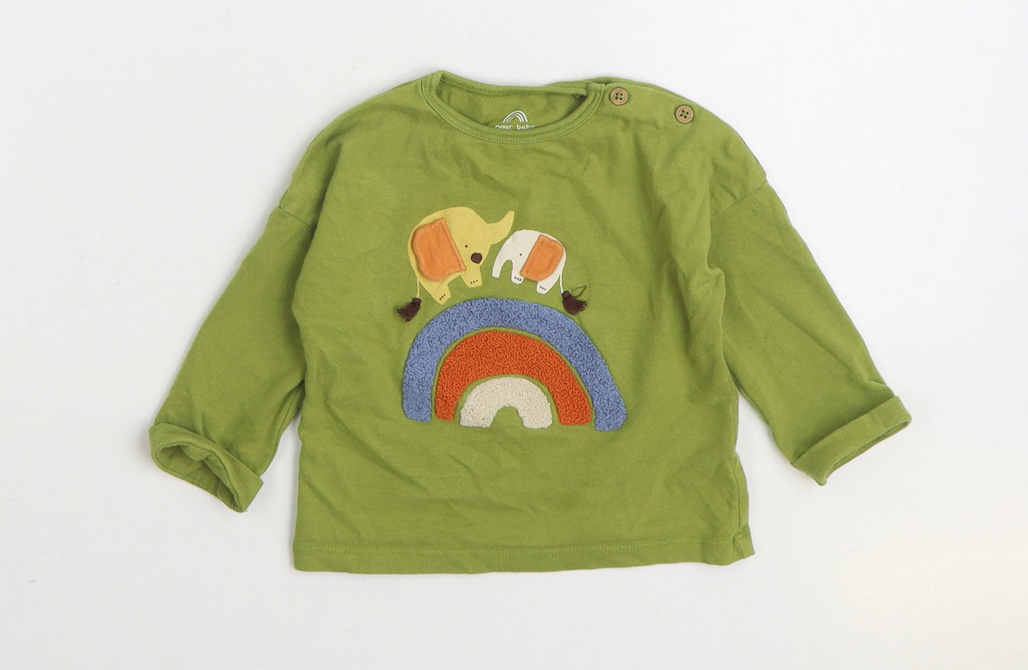 NEXT Boys Green Cotton Basic T-Shirt Size 6-9 Months Round Neck Pullover - Rainbow Elephant