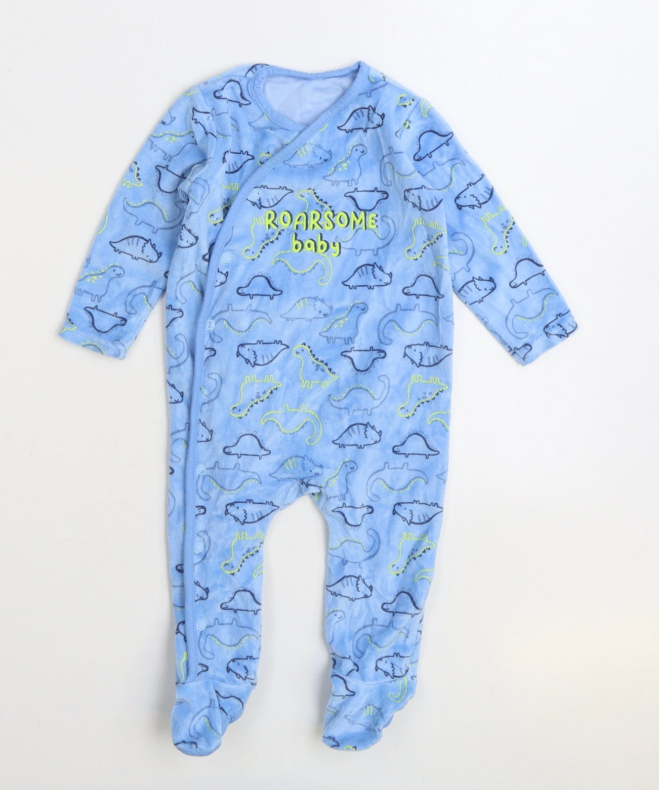 Dunnes Stores Baby Blue Geometric Cotton One Piece Size 6-9 Months Snap - Dinosaur