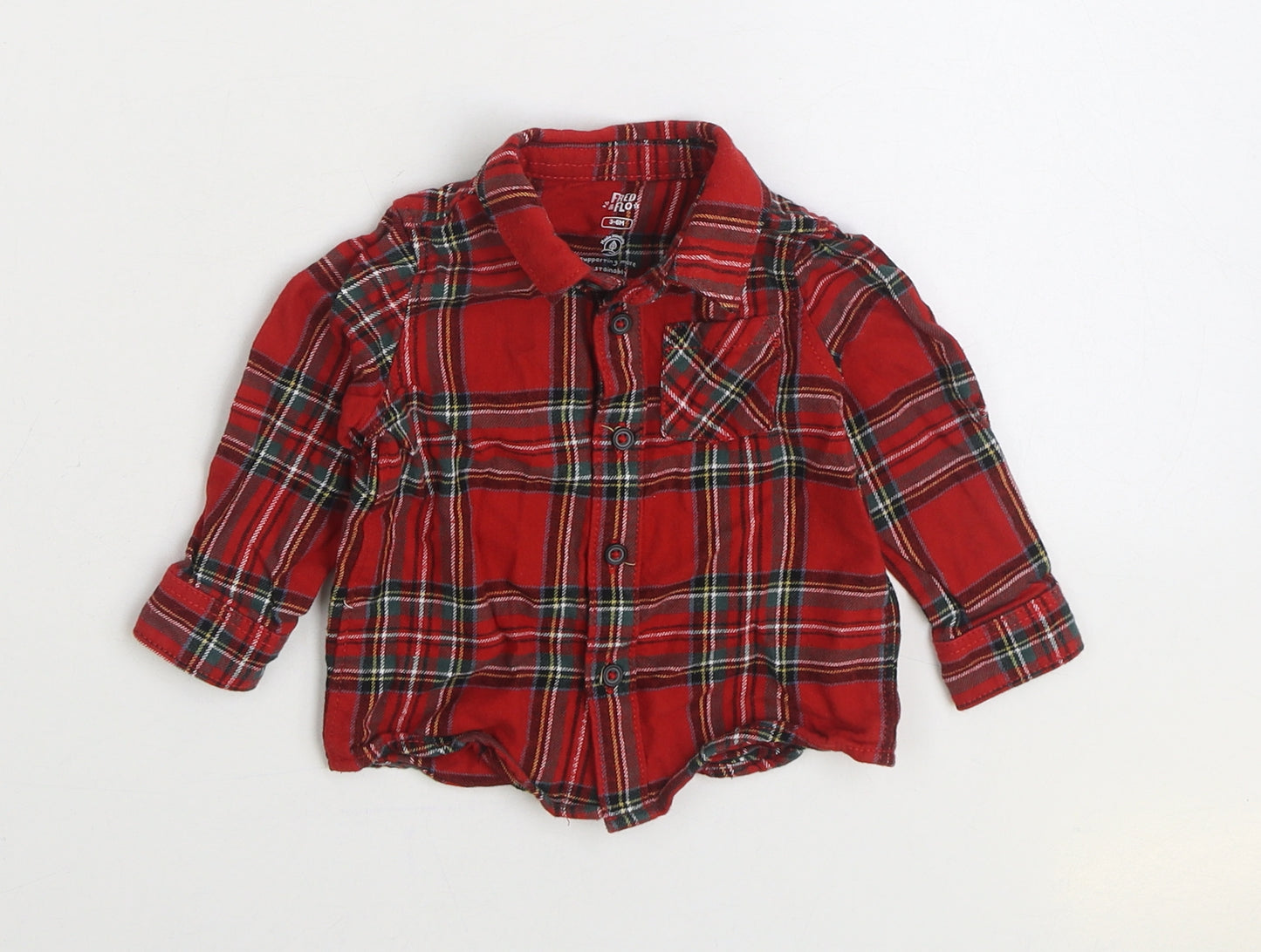 F&F Boys Red Plaid 100% Cotton Basic Button-Up Size 3-6 Months Collared Button