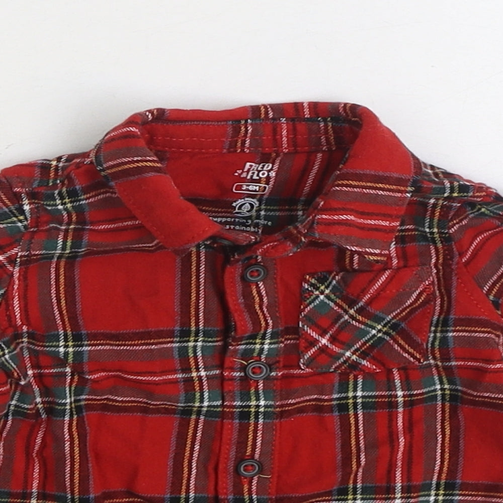 F&F Boys Red Plaid 100% Cotton Basic Button-Up Size 3-6 Months Collared Button