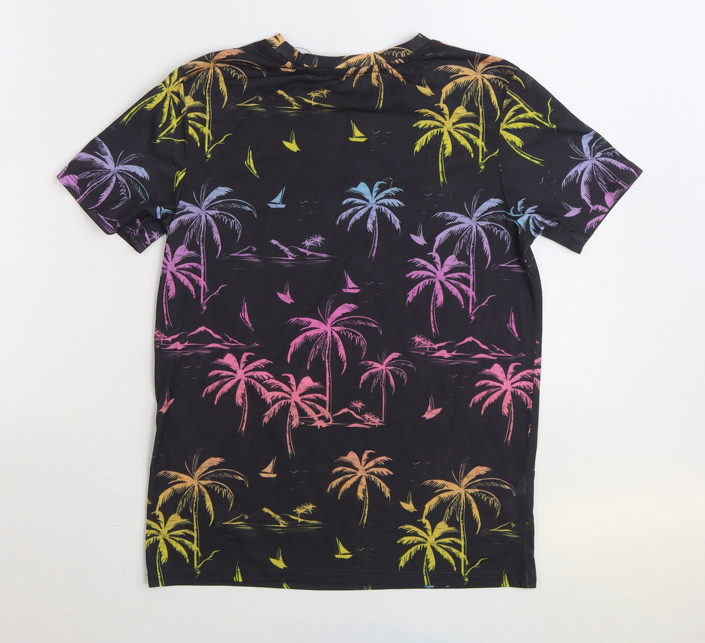 Primark Boys Black Geometric Polyester Basic T-Shirt Size 12-13 Years Round Neck Pullover - Palm Trees