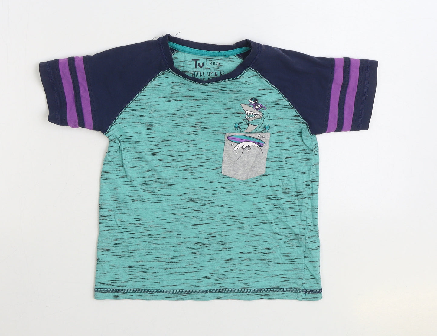 TU Boys Blue Cotton Basic T-Shirt Size 5-6 Years Round Neck Pullover - Sharks