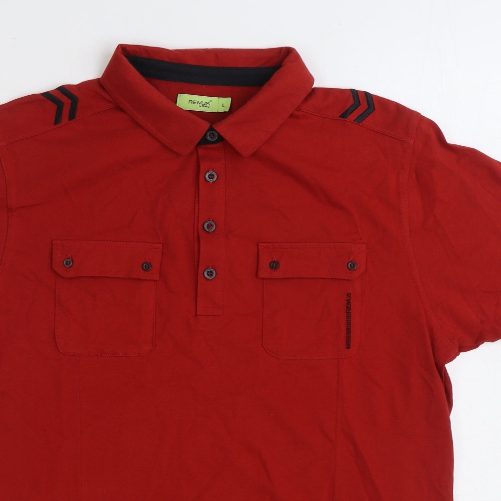 Remus Uomo Mens Red Cotton Polo Size L Collared Button