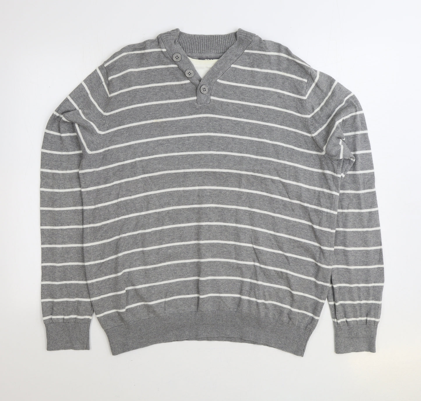 BHS Mens Grey V-Neck Striped Cotton Pullover Jumper Size XL