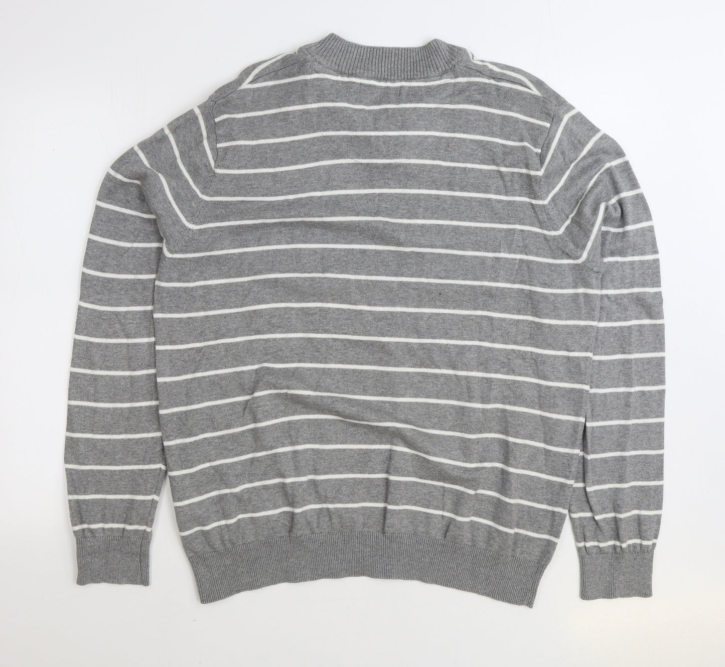 BHS Mens Grey V-Neck Striped Cotton Pullover Jumper Size XL