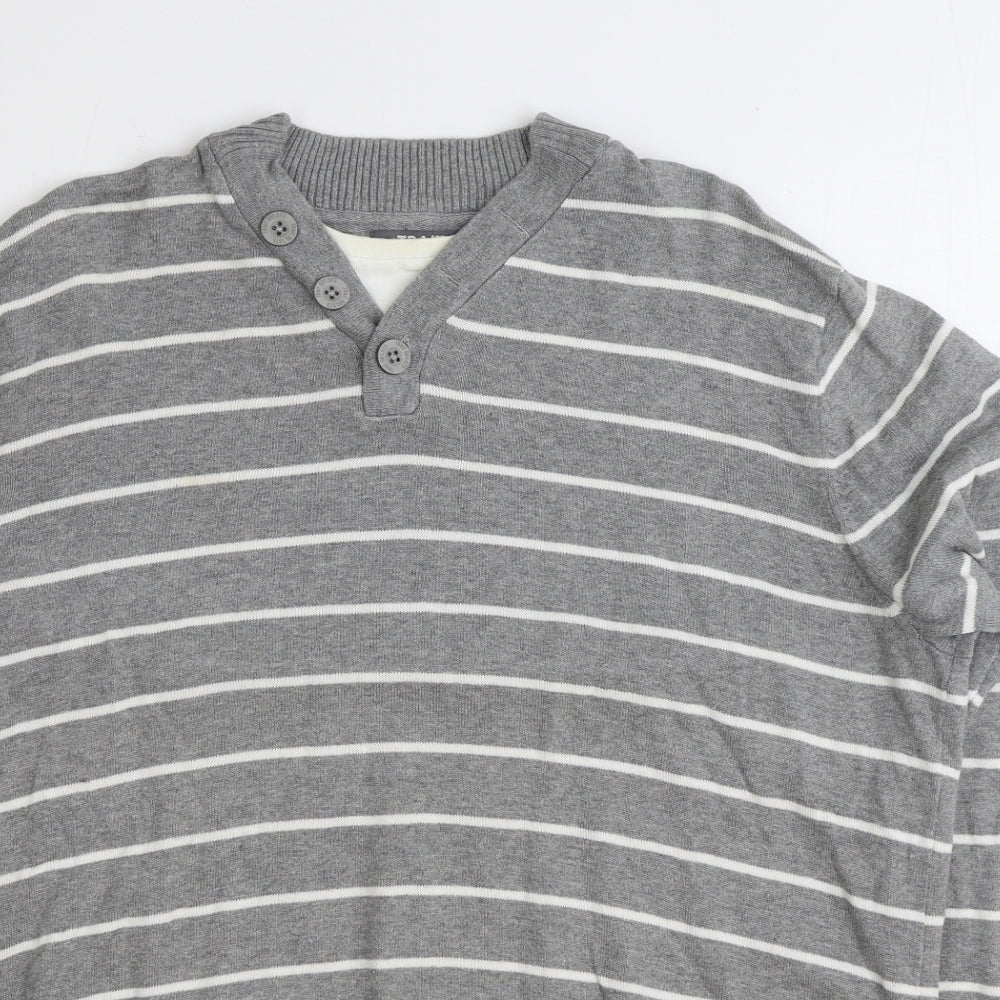 BHS Mens Grey V-Neck Striped Cotton Pullover Jumper Size XL