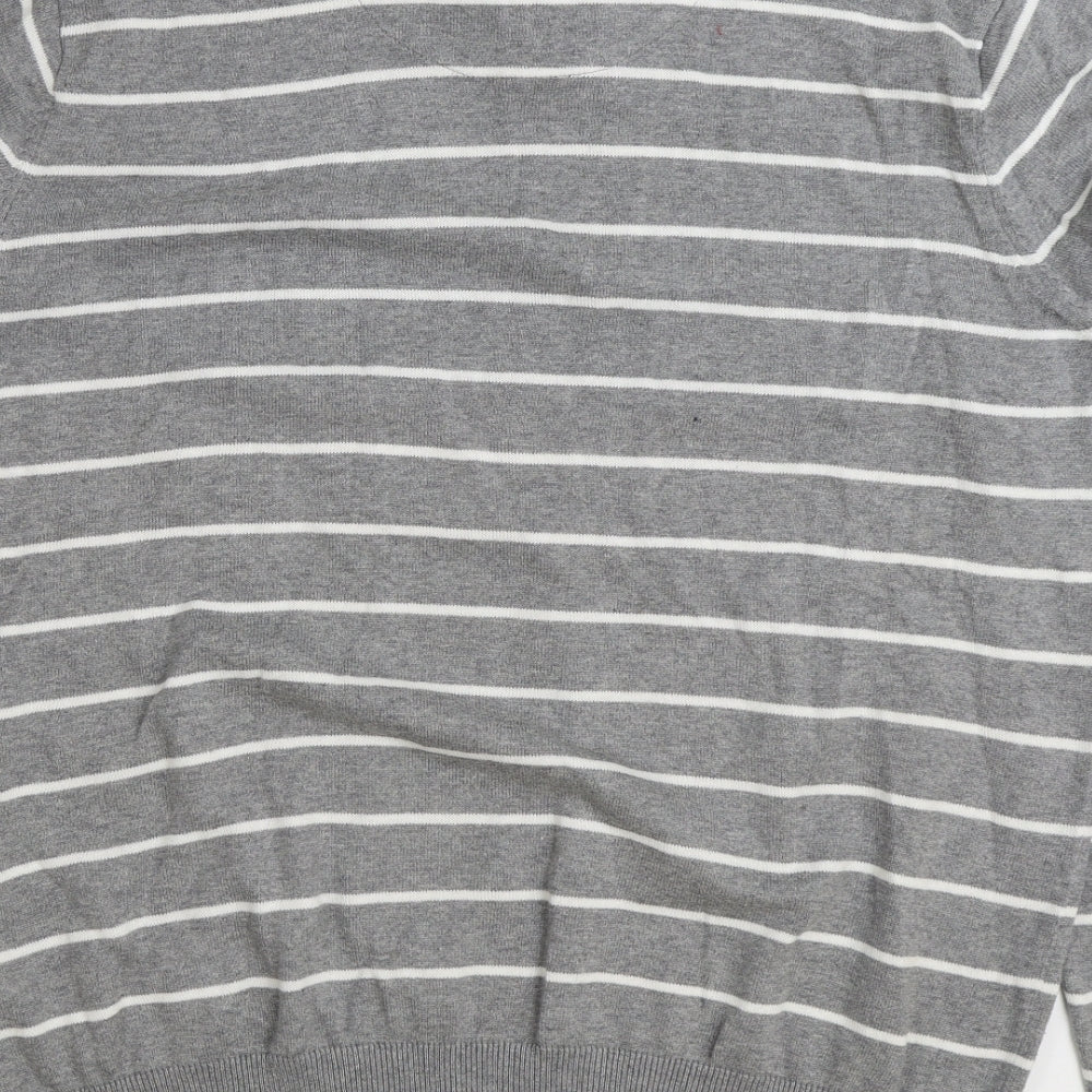 BHS Mens Grey V-Neck Striped Cotton Pullover Jumper Size XL