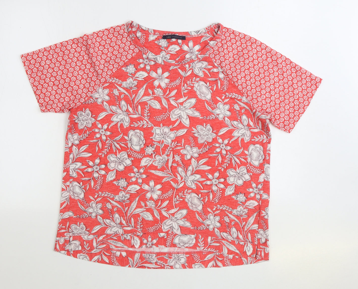 Marks and Spencer Womens Red Floral Polyester Basic T-Shirt Size 16 Round Neck