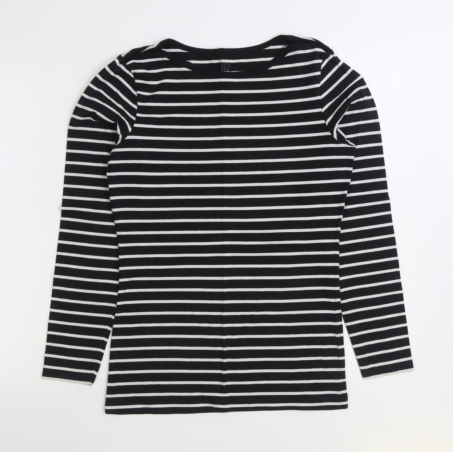 TU Womens Black Striped Cotton Basic T-Shirt Size 12 Boat Neck