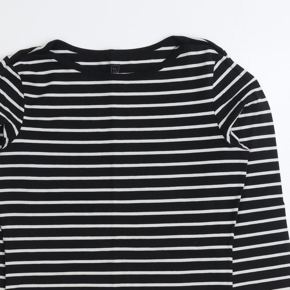 TU Womens Black Striped Cotton Basic T-Shirt Size 12 Boat Neck
