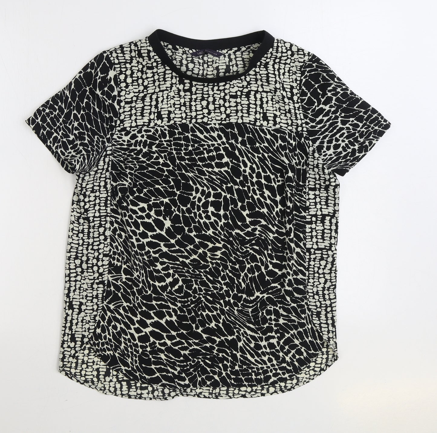 Marks and Spencer Womens Black Geometric Polyester Basic Blouse Size 10 Round Neck