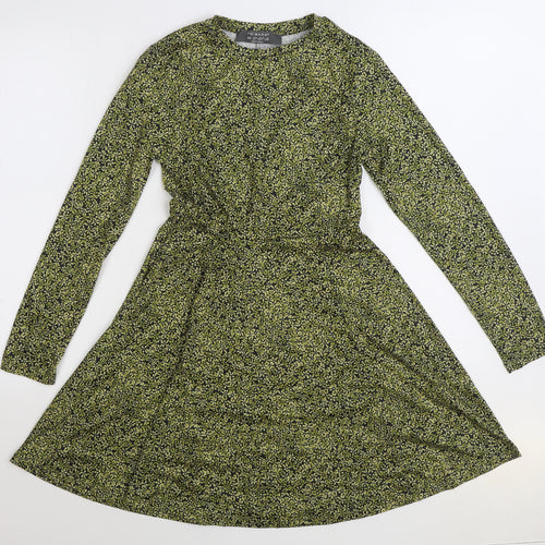 Primark Womens Green Floral Cotton Skater Dress Size 2XS Round Neck Pullover