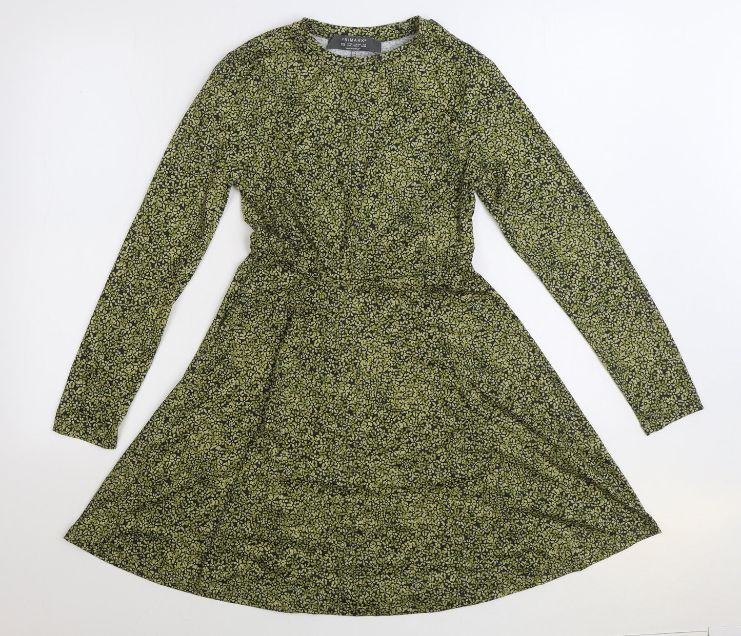 Primark Womens Green Floral Cotton Skater Dress Size 2XS Round Neck Pullover