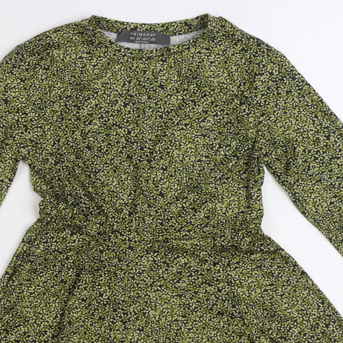 Primark Womens Green Floral Cotton Skater Dress Size 2XS Round Neck Pullover