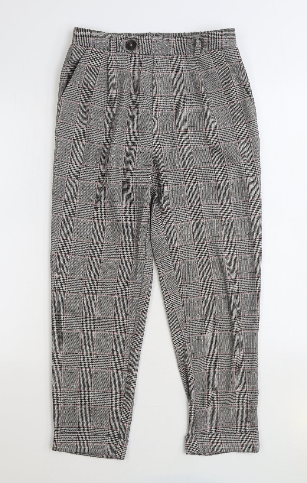 Stradivarius Womens Grey Plaid Cotton Trousers Size M L25 in Regular Button