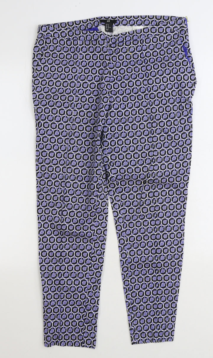 H&M Womens Blue Geometric Cotton Trousers Size 12 L26 in Regular Zip