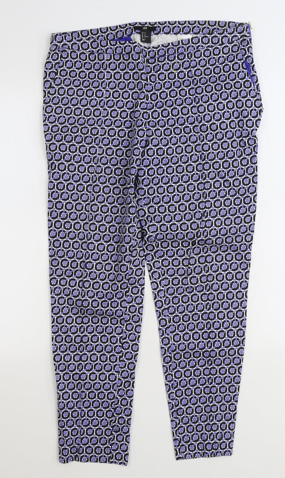 H&M Womens Blue Geometric Cotton Trousers Size 12 L26 in Regular Zip