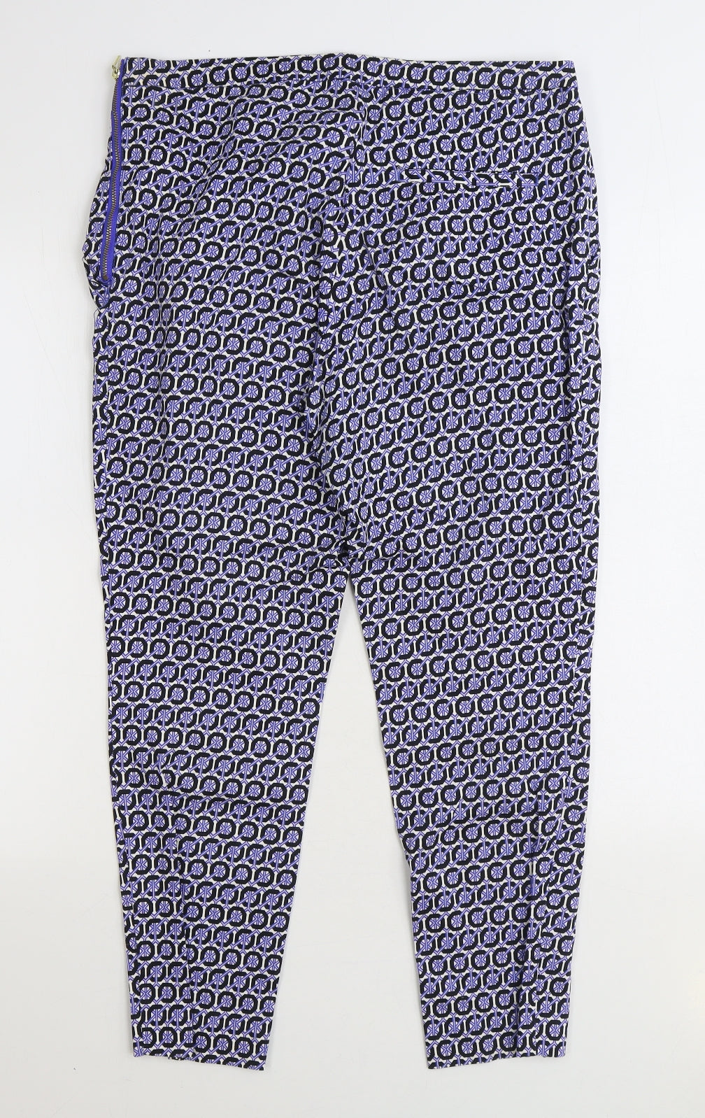 H&M Womens Blue Geometric Cotton Trousers Size 12 L26 in Regular Zip