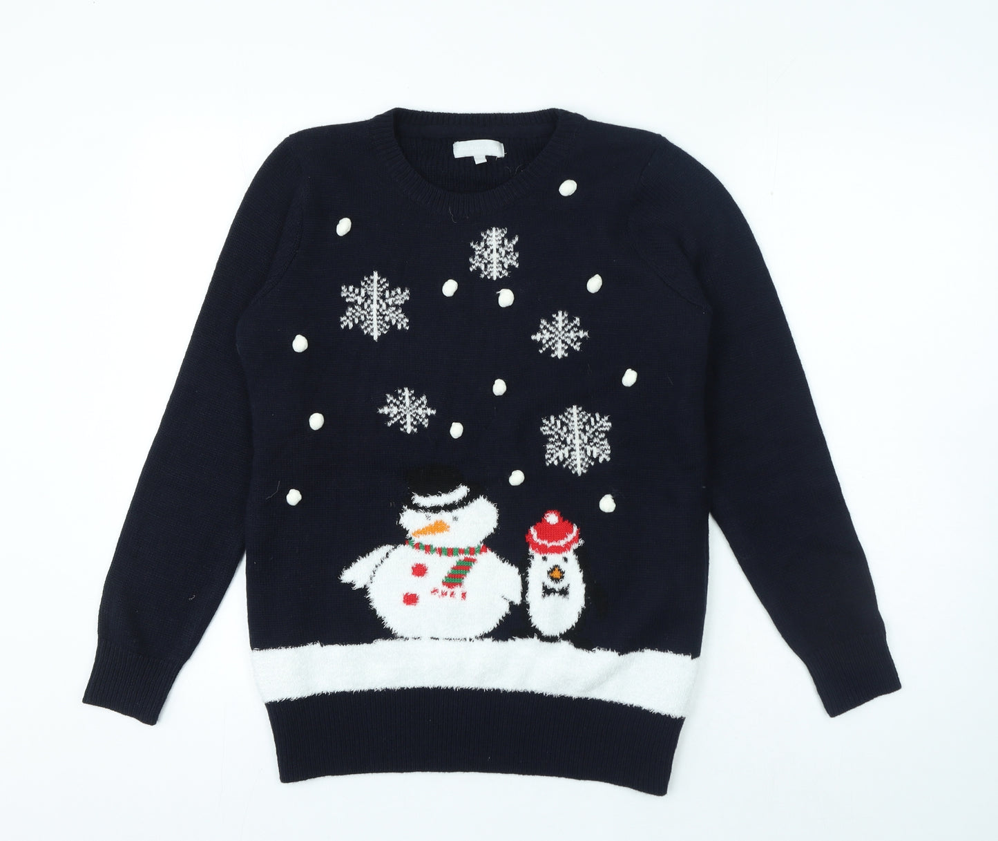 Red Herring Womens Blue Round Neck Acrylic Pullover Jumper Size 14 - Snowman