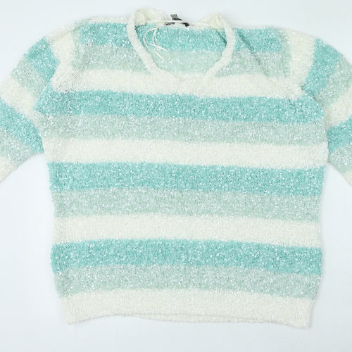 Originals Knitwear Womens Blue V-Neck Striped Polyester Pullover Jumper Size XL