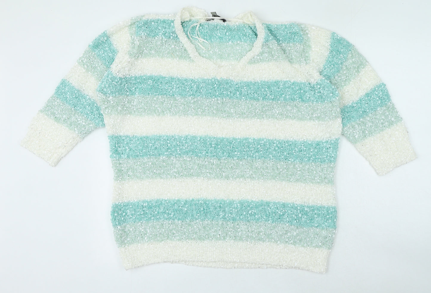 Originals Knitwear Womens Blue V-Neck Striped Polyester Pullover Jumper Size XL