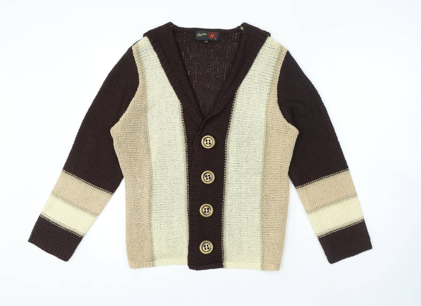 Stephen Womens Brown Collared Striped Acrylic Cardigan Jumper Size L