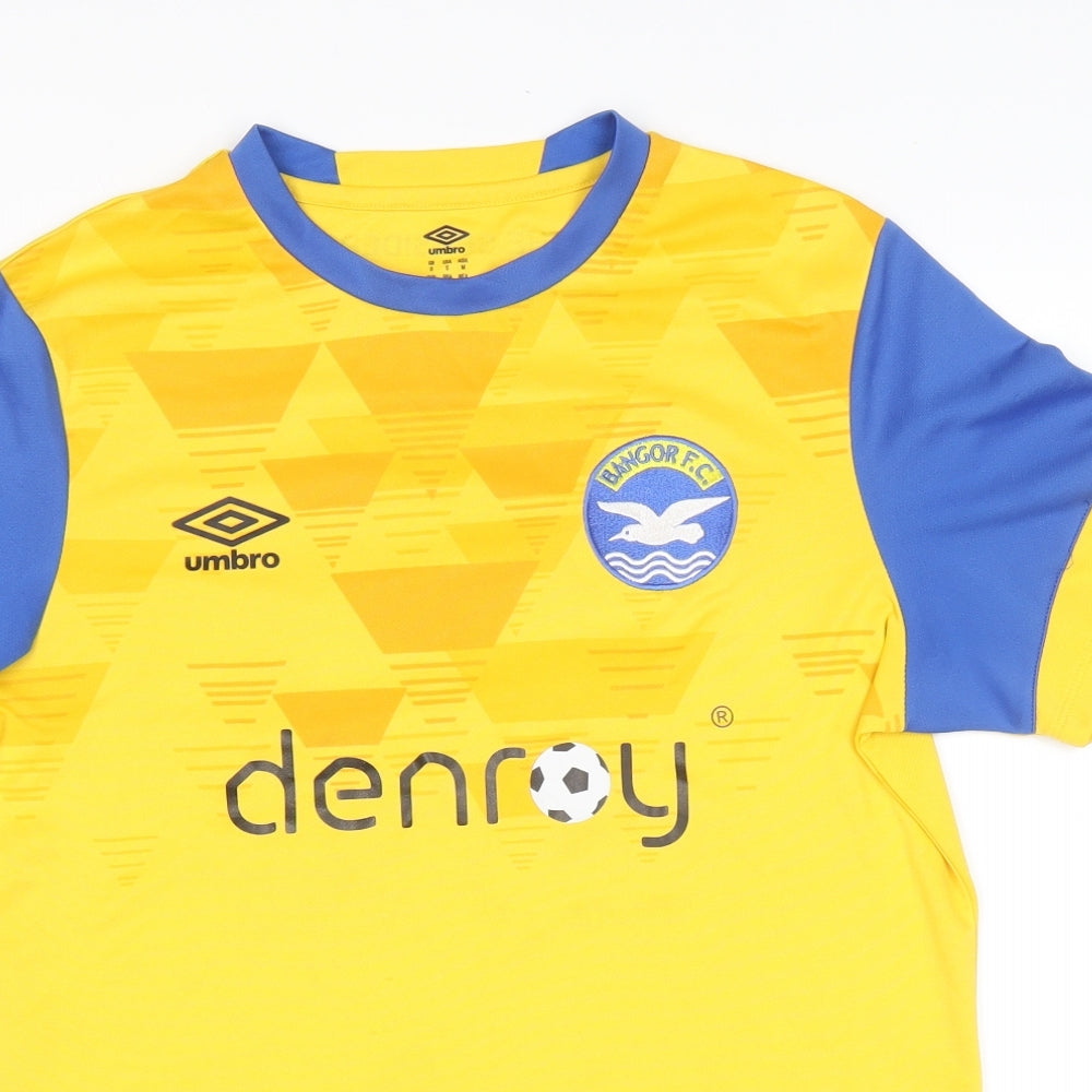 Umbro Mens Yellow Polyester Basic T-Shirt Size S Round Neck Pullover - Bangor FC