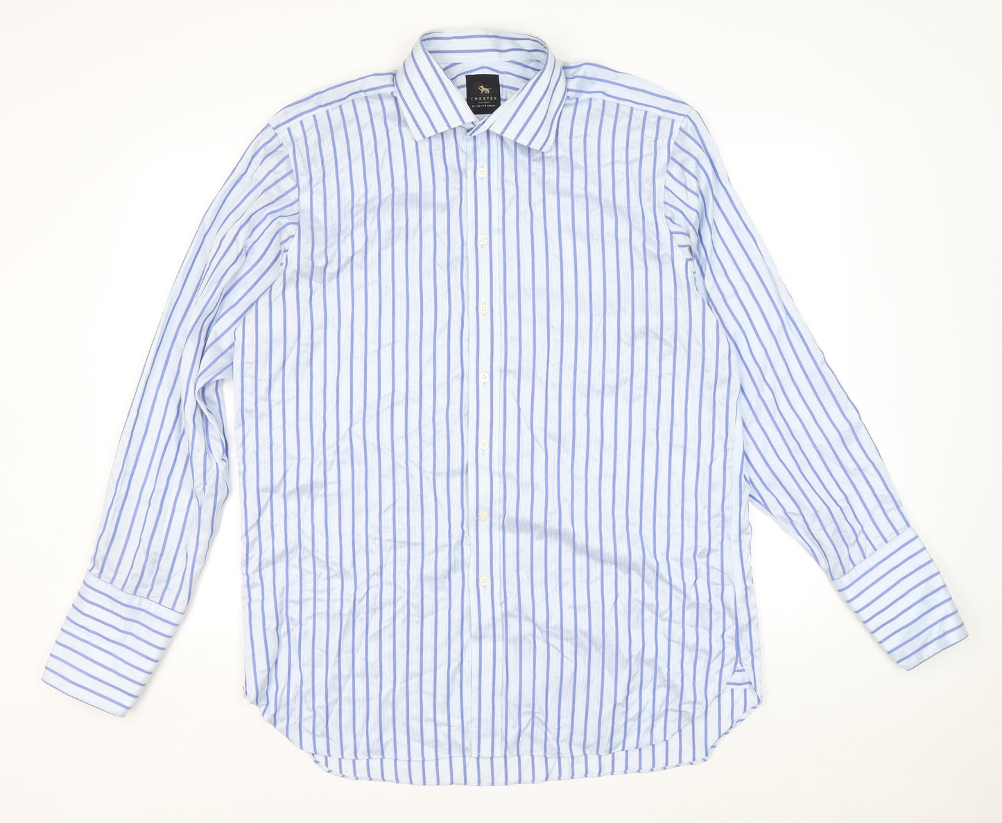 Chester Barrie Mens Blue Striped Cotton Dress Shirt Size 16.5 Collared Button