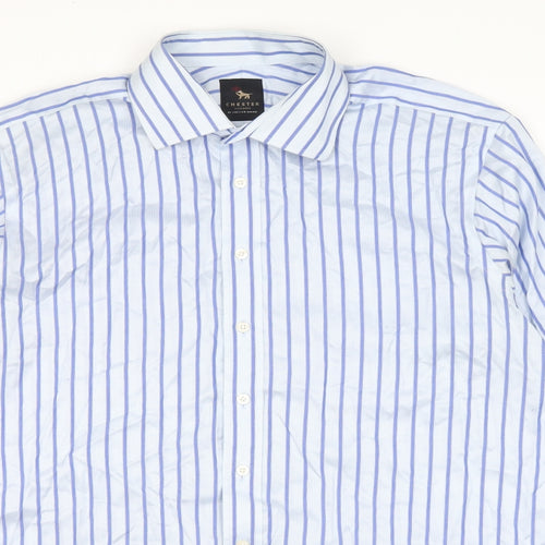 Chester Barrie Mens Blue Striped Cotton Dress Shirt Size 16.5 Collared Button