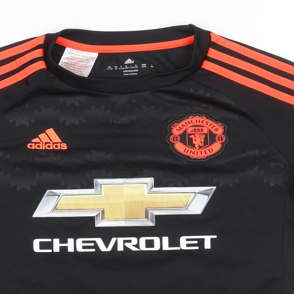 adidas Boys Black Polyester Basic T-Shirt Size 11-12 Years Round Neck Pullover - Manchester United