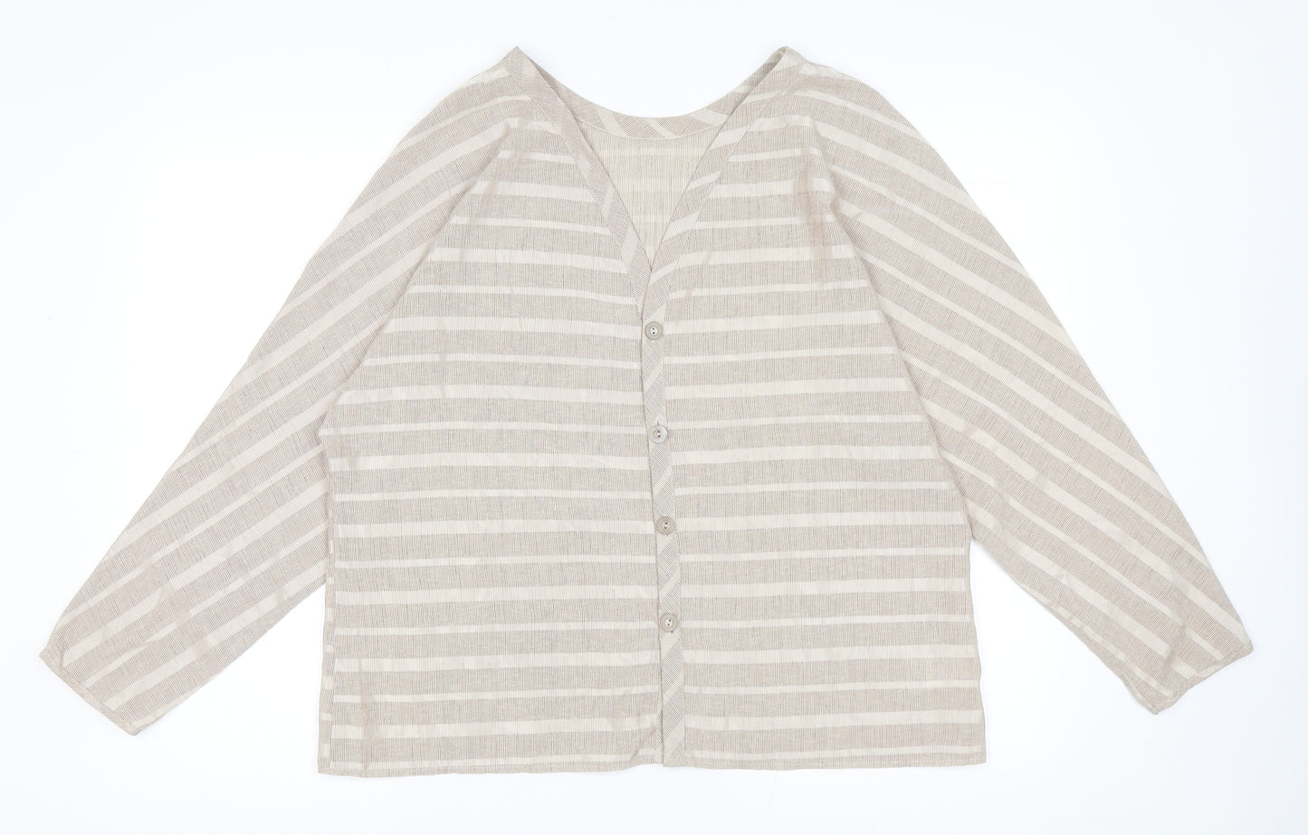 St Michael Womens Beige Striped Polyester Basic Button-Up Size 18 V-Neck
