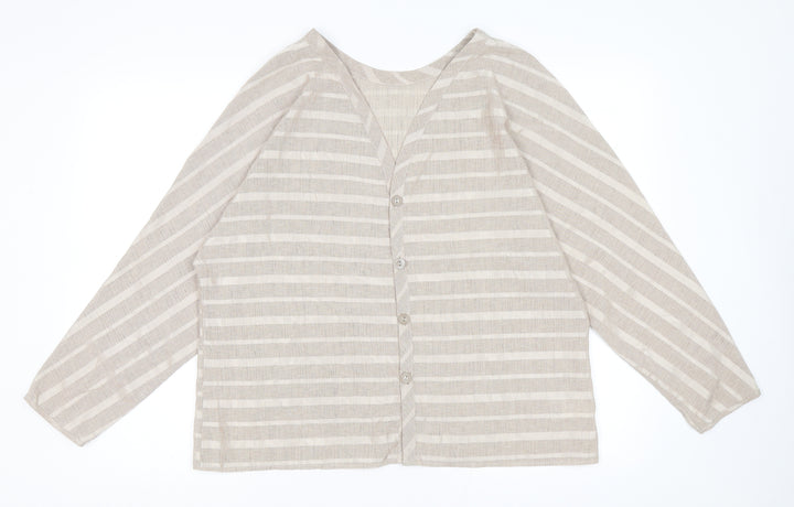 St Michael Womens Beige Striped Polyester Basic Button-Up Size 18 V-Neck