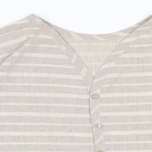 St Michael Womens Beige Striped Polyester Basic Button-Up Size 18 V-Neck